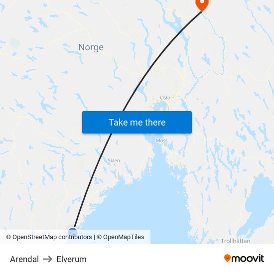 Arendal to Elverum map