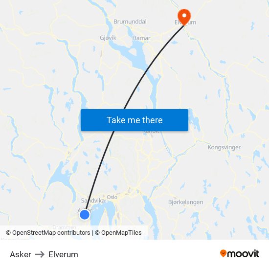 Asker to Elverum map