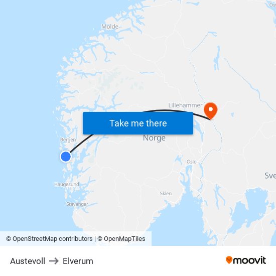 Austevoll to Elverum map