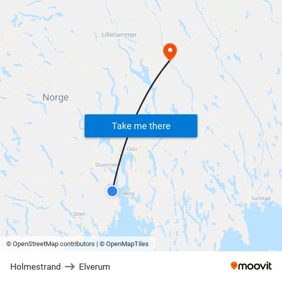 Holmestrand to Elverum map