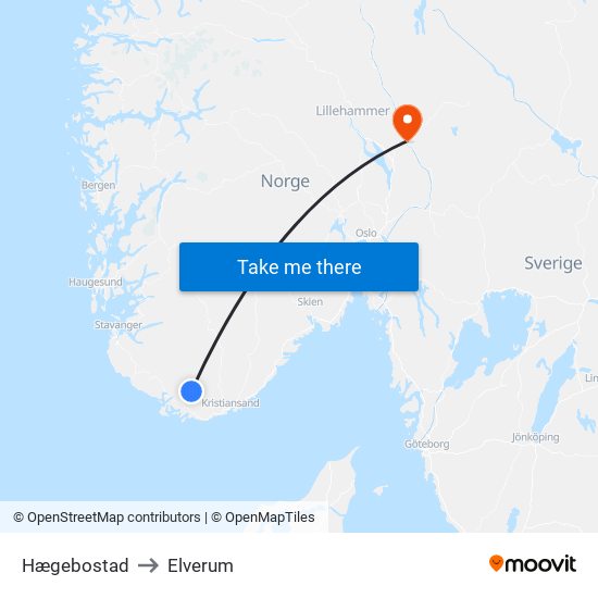 Hægebostad to Elverum map