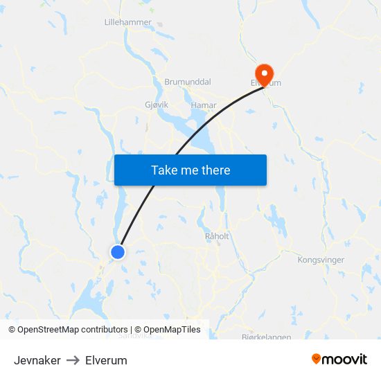 Jevnaker to Elverum map