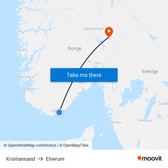 Kristiansand to Elverum map