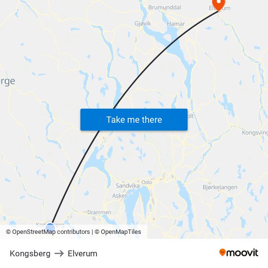 Kongsberg to Elverum map