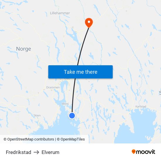 Fredrikstad to Elverum map