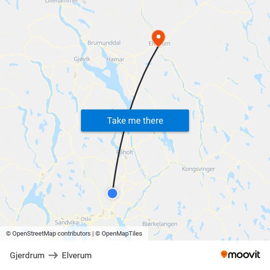 Gjerdrum to Elverum map