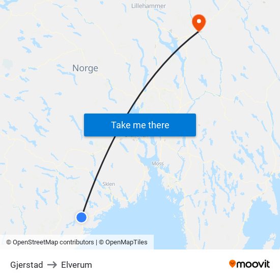 Gjerstad to Elverum map