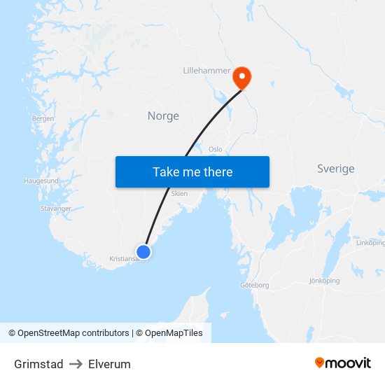 Grimstad to Elverum map