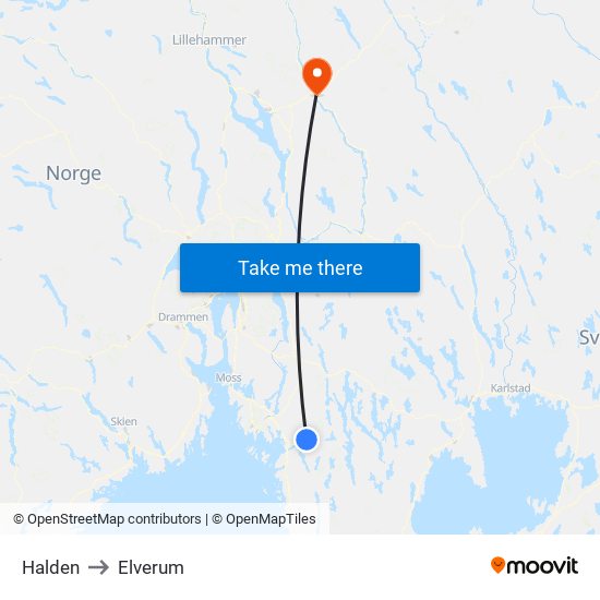 Halden to Elverum map