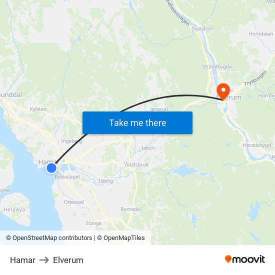 Hamar to Elverum map