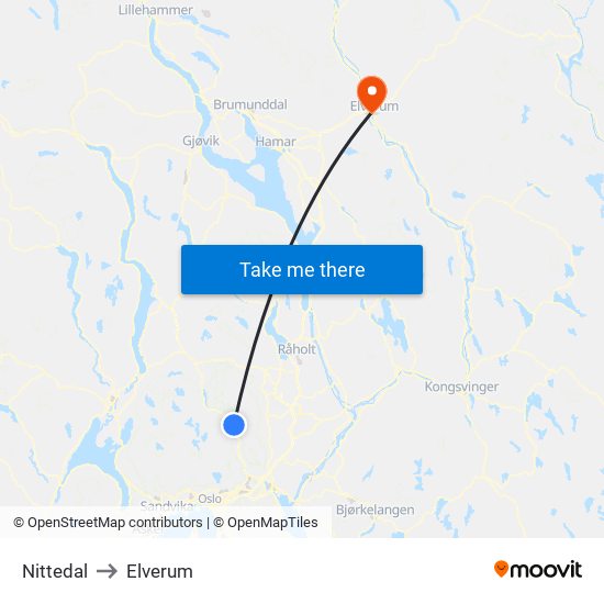 Nittedal to Elverum map