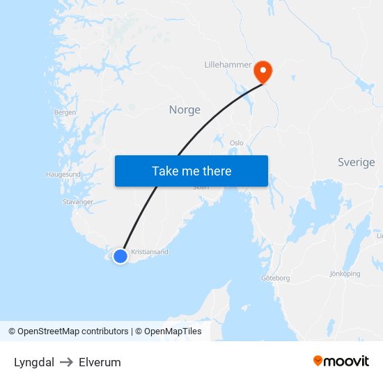 Lyngdal to Elverum map