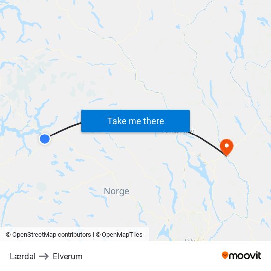 Lærdal to Elverum map