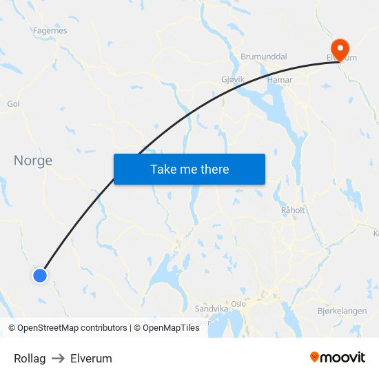 Rollag to Elverum map