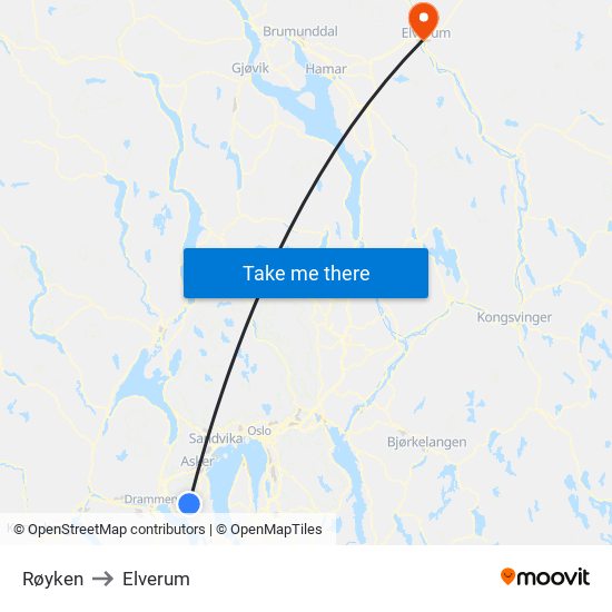 Røyken to Elverum map