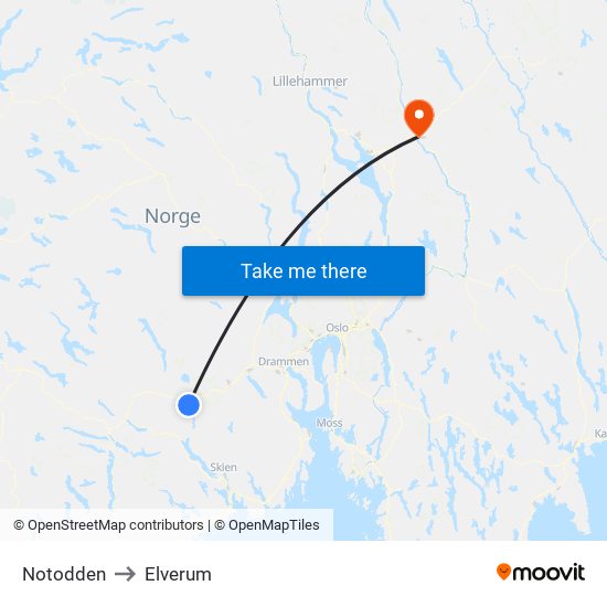 Notodden to Elverum map