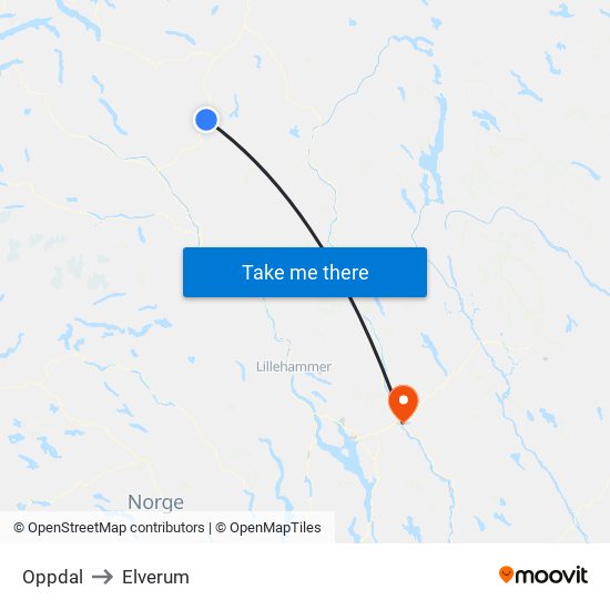 Oppdal to Elverum map