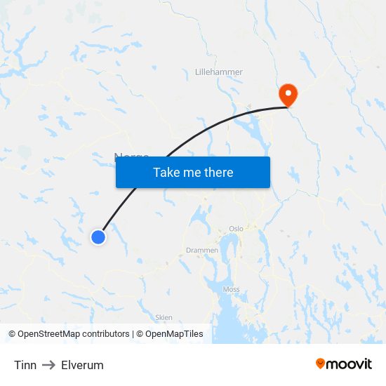 Tinn to Elverum map