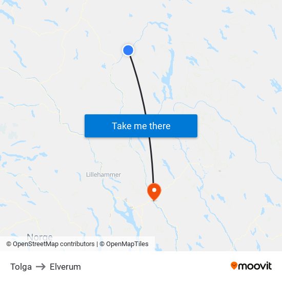 Tolga to Elverum map