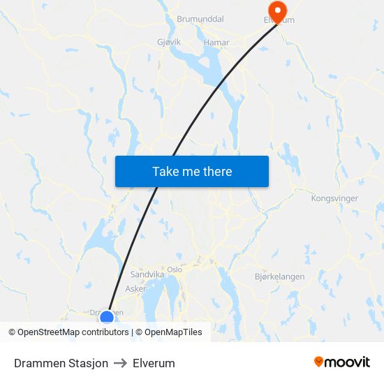 Drammen Stasjon to Elverum map