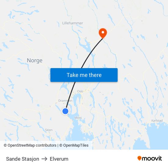 Sande Stasjon to Elverum map