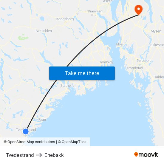 Tvedestrand to Enebakk map