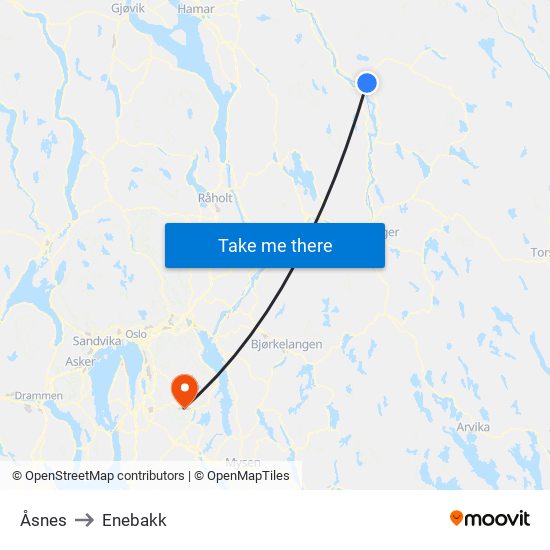 Åsnes to Enebakk map