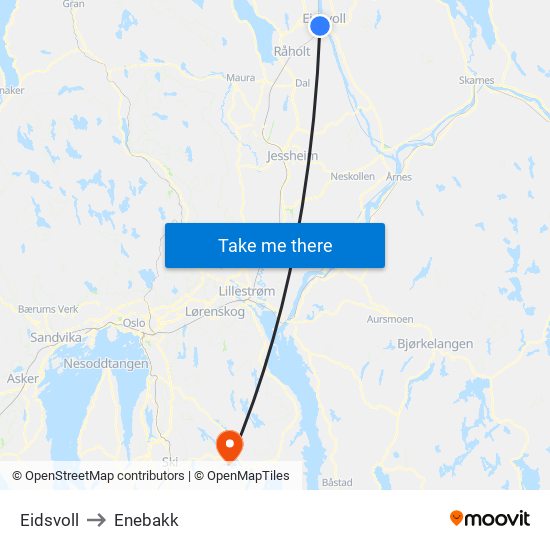 Eidsvoll to Enebakk map