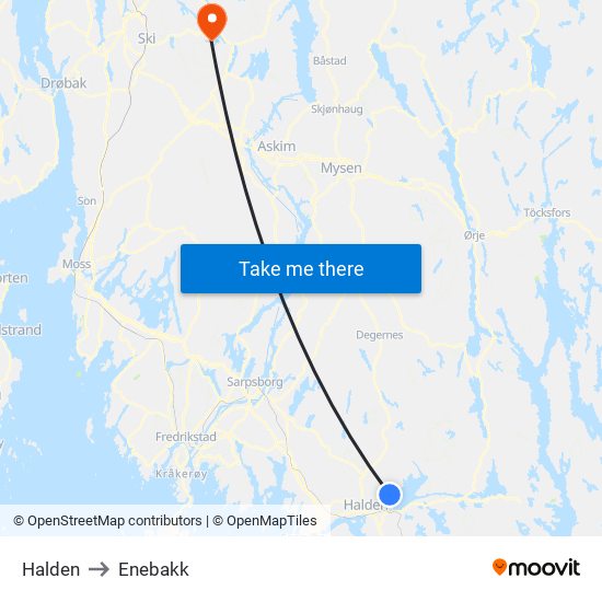 Halden to Enebakk map