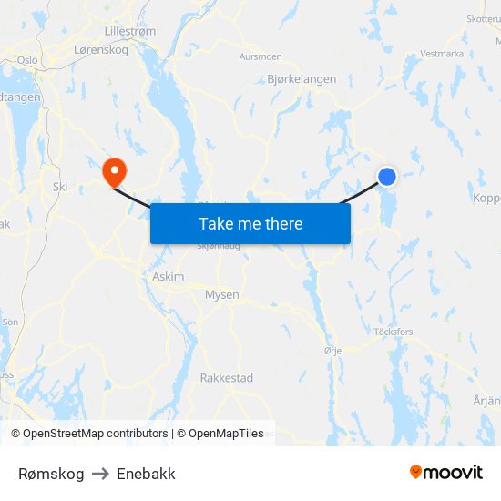 Rømskog to Enebakk map