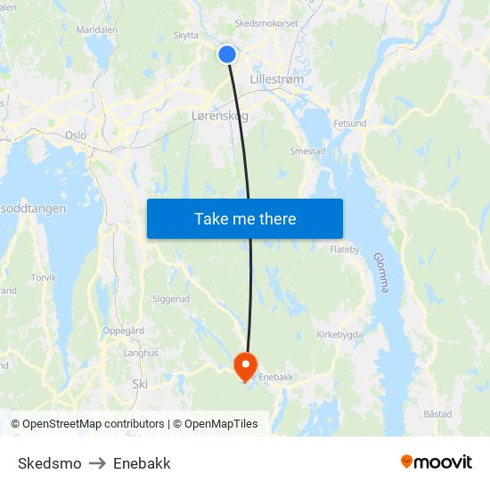 Skedsmo to Enebakk map