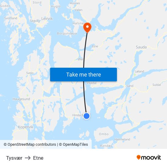 Tysvær to Etne map