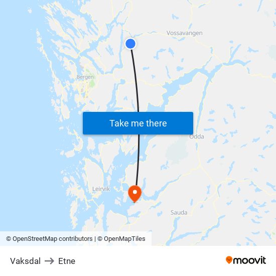 Vaksdal to Etne map