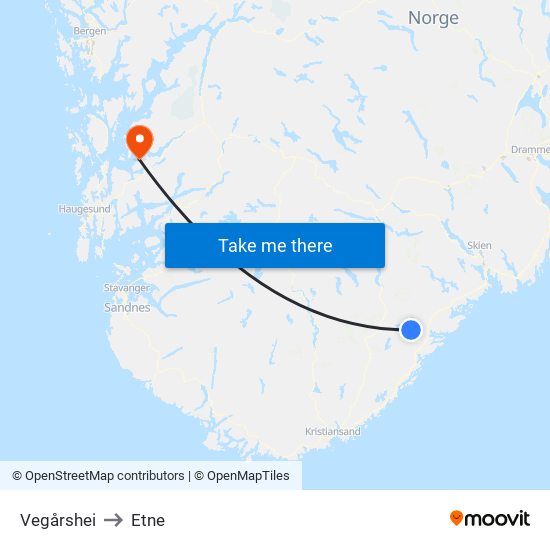 Vegårshei to Etne map