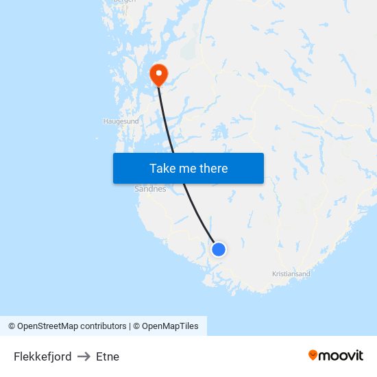 Flekkefjord to Etne map