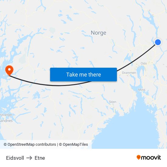 Eidsvoll to Etne map