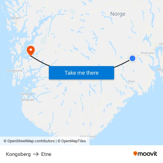 Kongsberg to Etne map