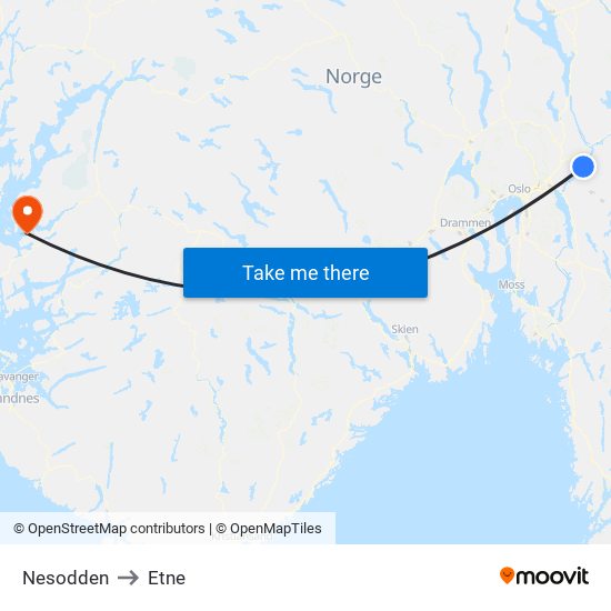 Nesodden to Etne map