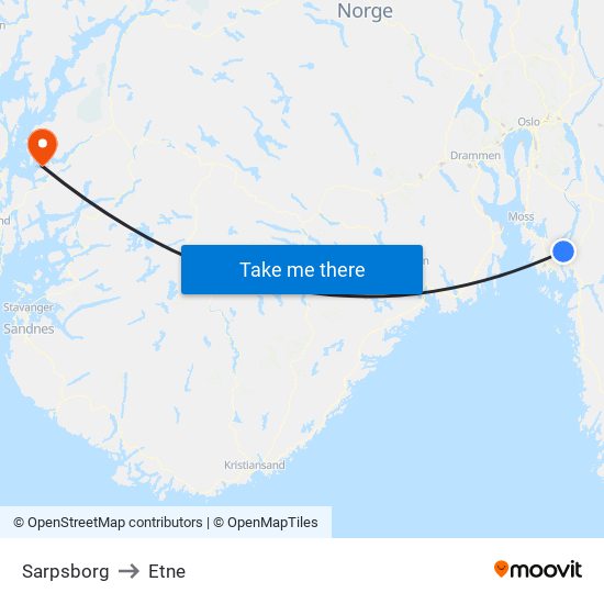 Sarpsborg to Etne map