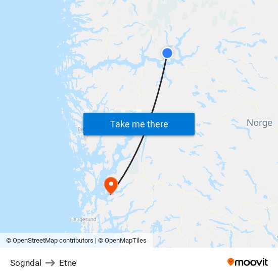 Sogndal to Etne map