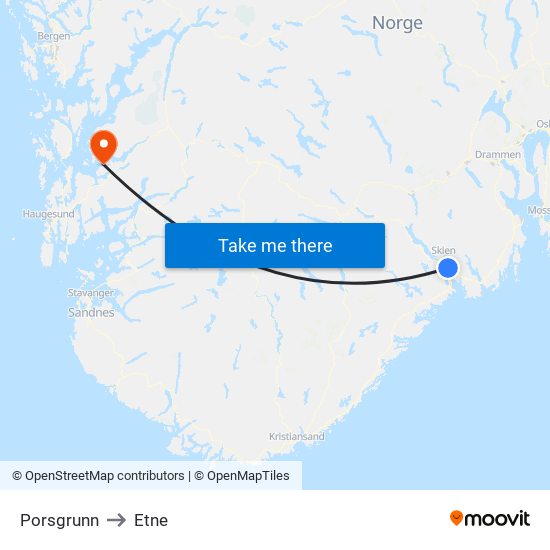 Porsgrunn to Etne map