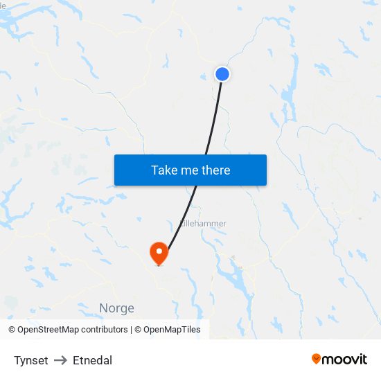 Tynset to Etnedal map