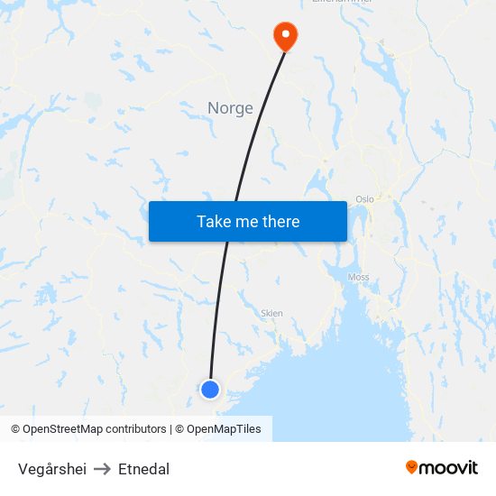 Vegårshei to Etnedal map
