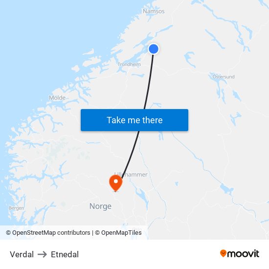 Verdal to Etnedal map