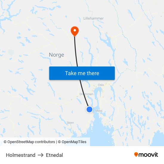 Holmestrand to Etnedal map