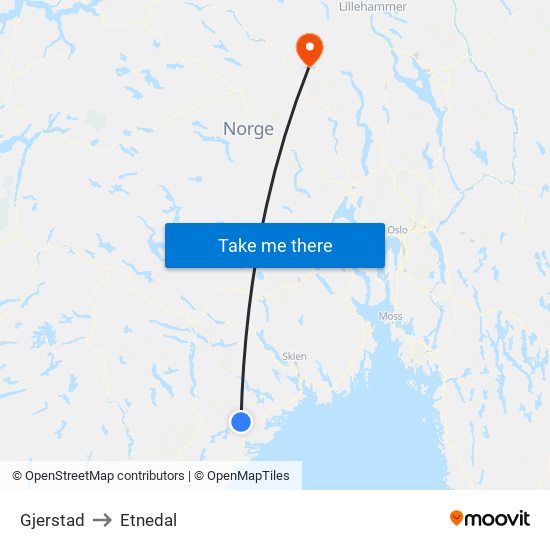 Gjerstad to Etnedal map