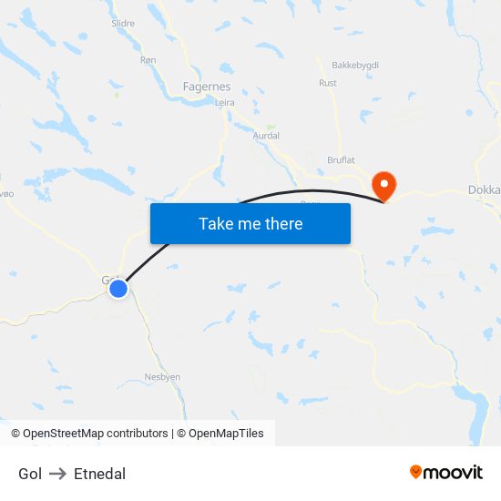 Gol to Etnedal map