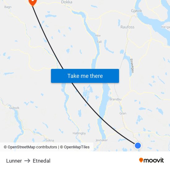 Lunner to Etnedal map