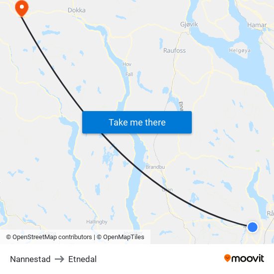 Nannestad to Etnedal map