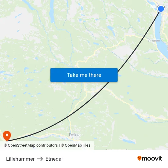 Lillehammer to Etnedal map